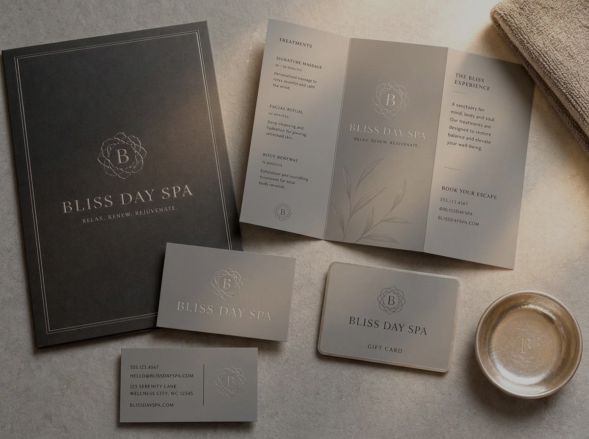Bliss Day Spa brand identity flat lay in black, grey and silver with business cards, brochure and gift card