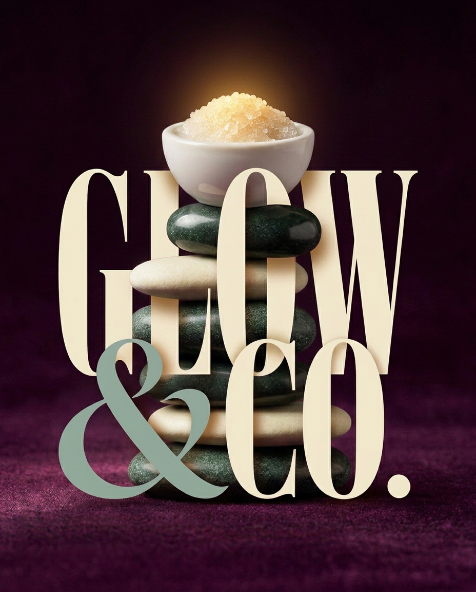 Glow & Co. wordmark woven through a stack of stones and a bowl of scrub on plum