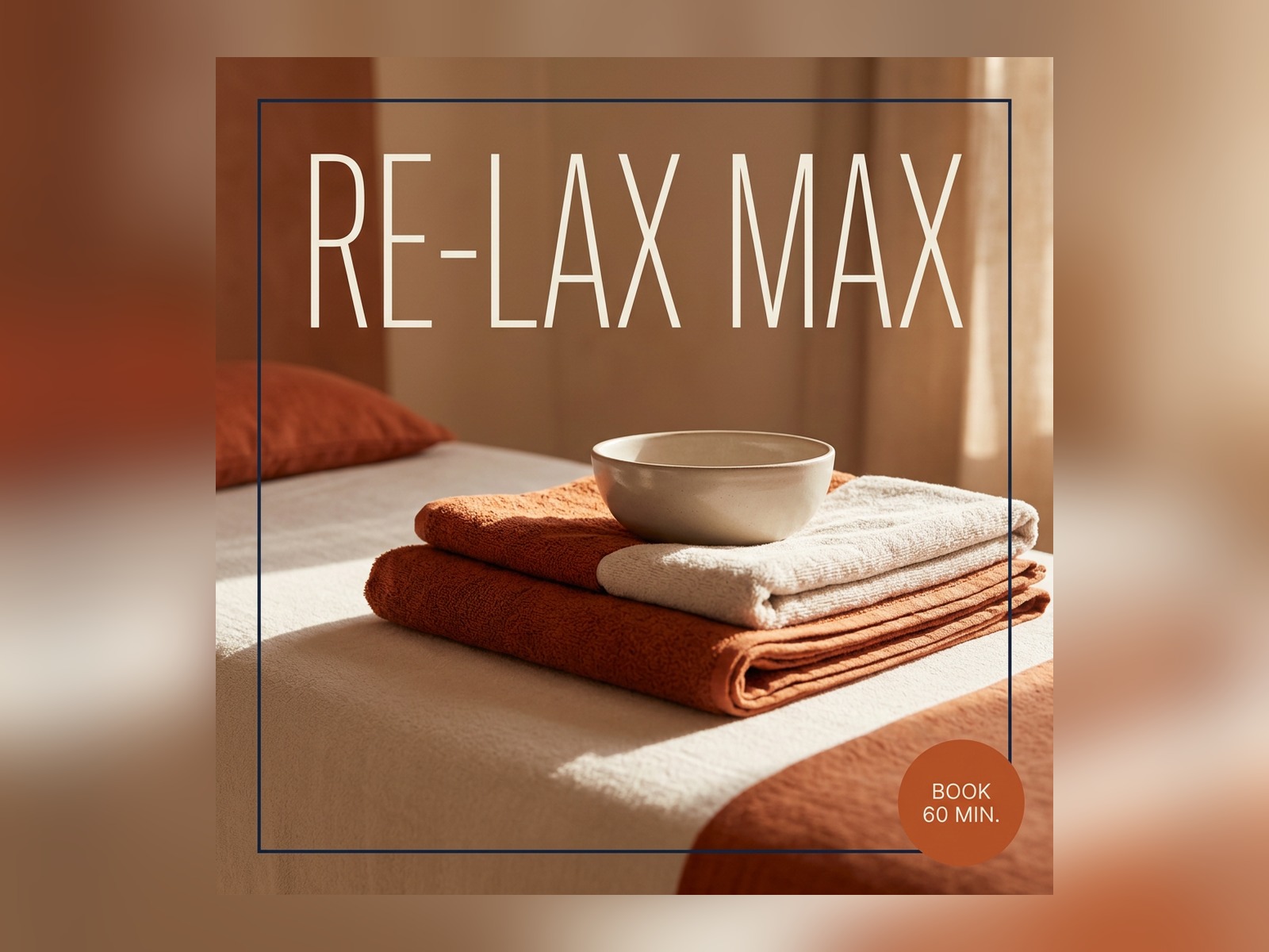 RE-LAX MAX social post with a light condensed wordmark over folded towels