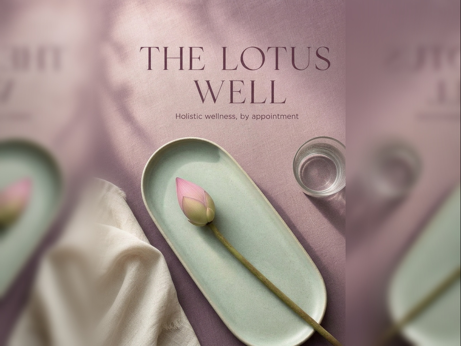 The Lotus Well social post with a serif wordmark over a lotus bud still life