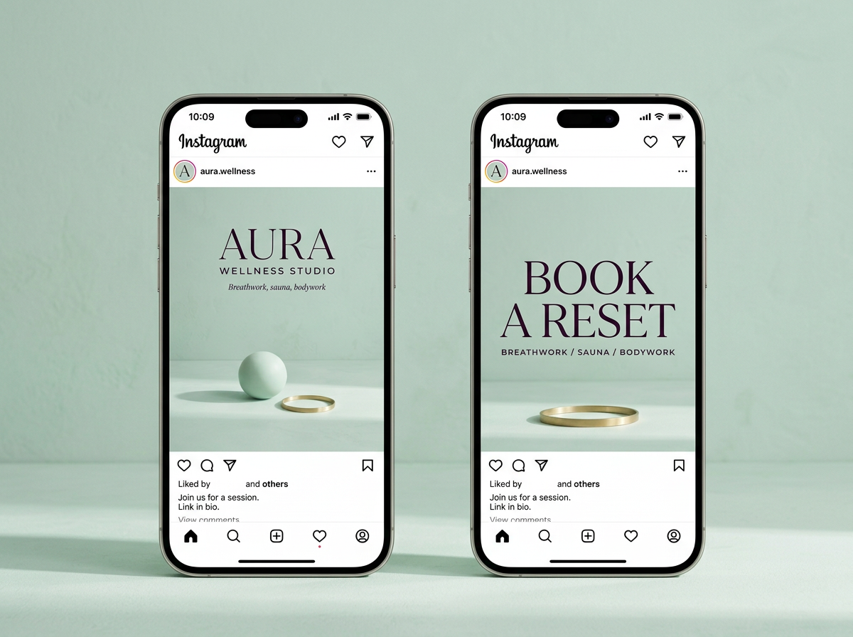 Two phones showing Aura Wellness social posts in mint green