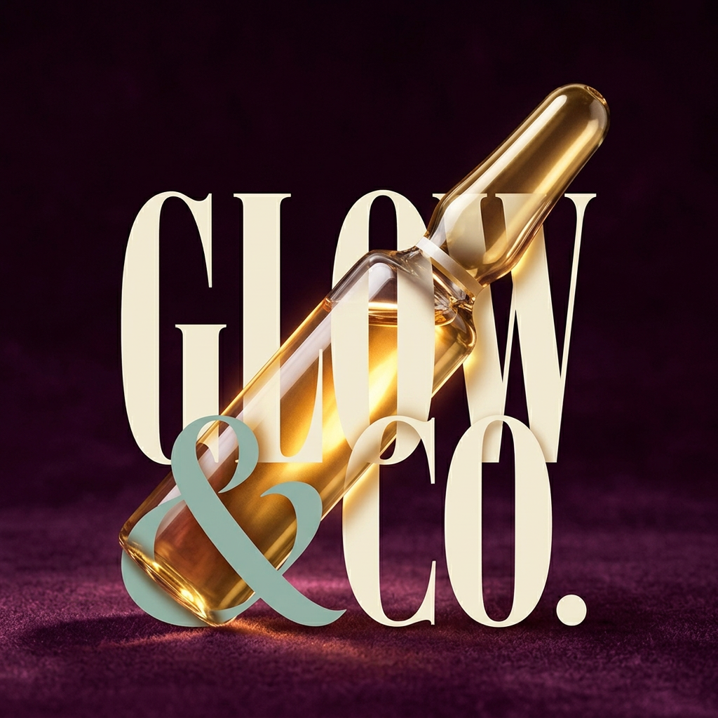 Glow & Co. wordmark woven through a glossy golden ampoule on deep plum