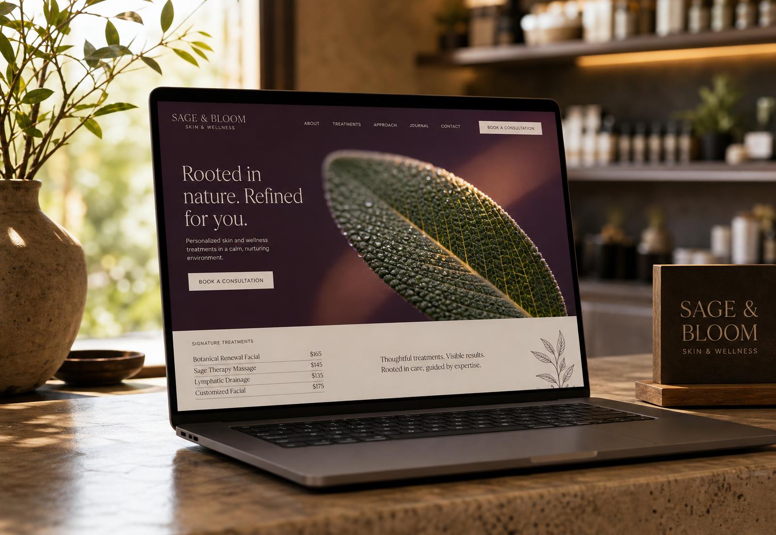 Laptop on a spa reception counter showing the Sage & Bloom spa website homepage