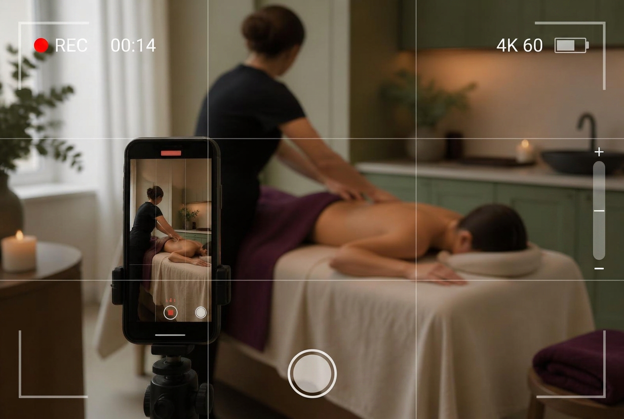 Phone on a tripod filming a vertical video of a massage in a spa treatment room