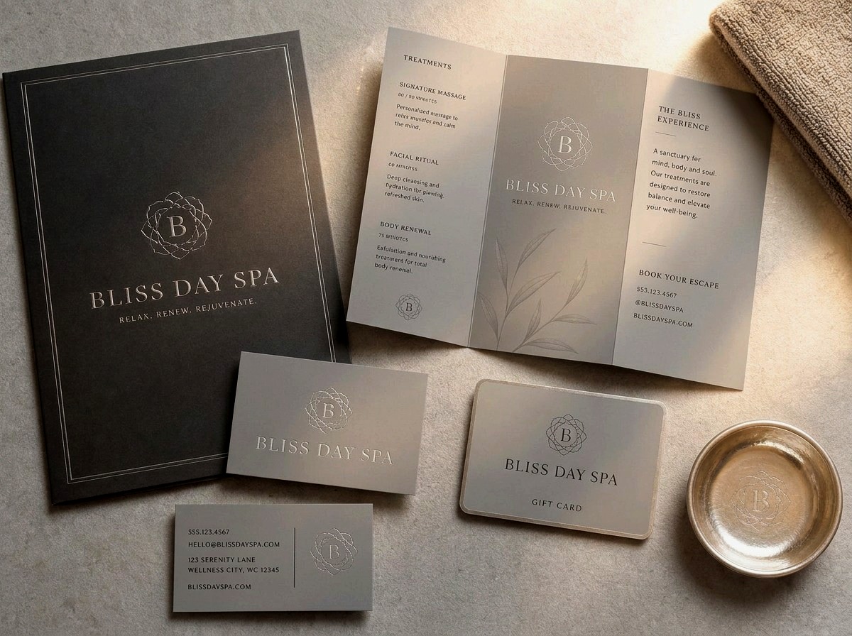 Bliss Day Spa brand identity flat lay in black, grey and silver with business cards, brochure and gift card