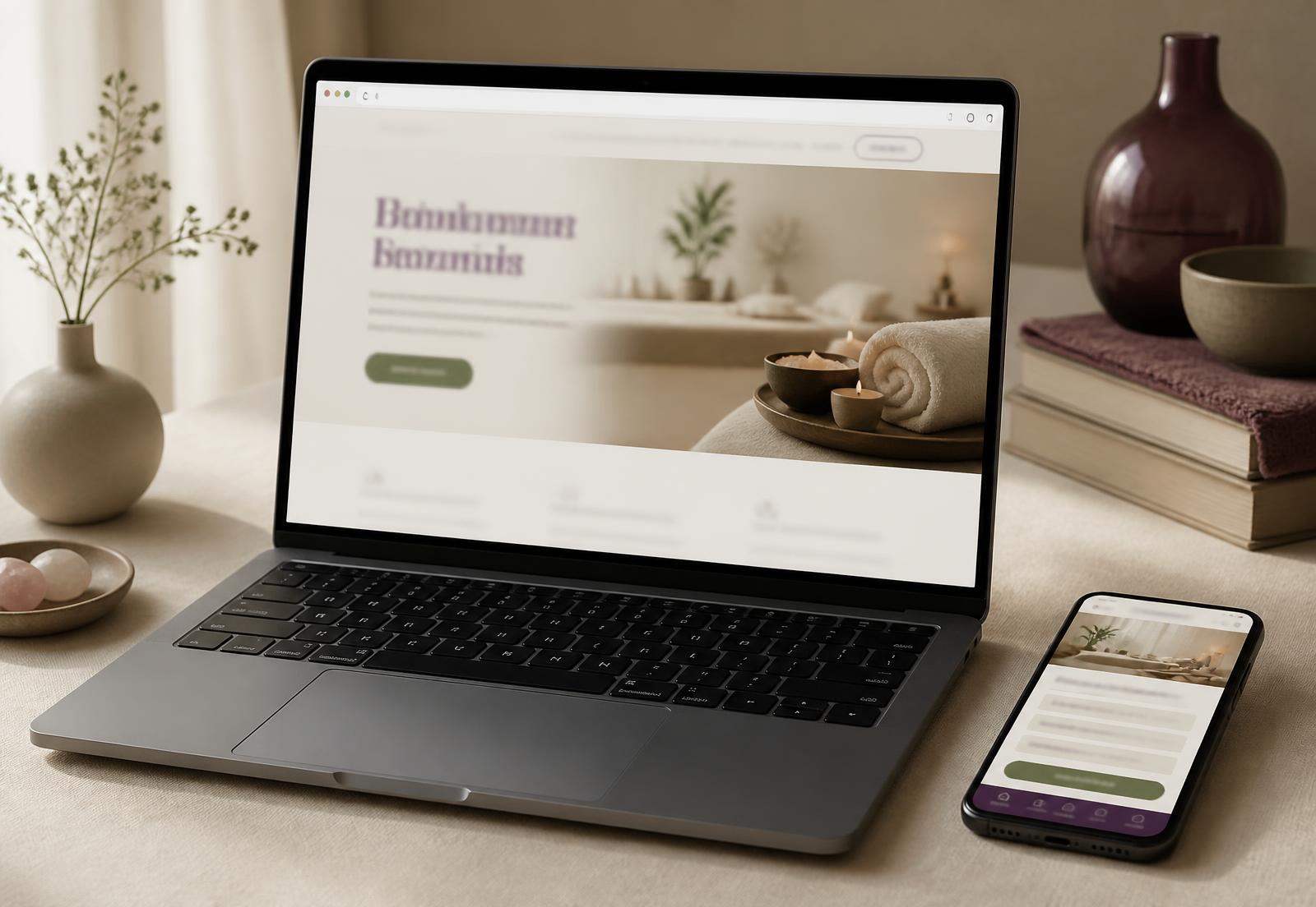 Laptop browser and phone showing a spa website homepage and booking screen