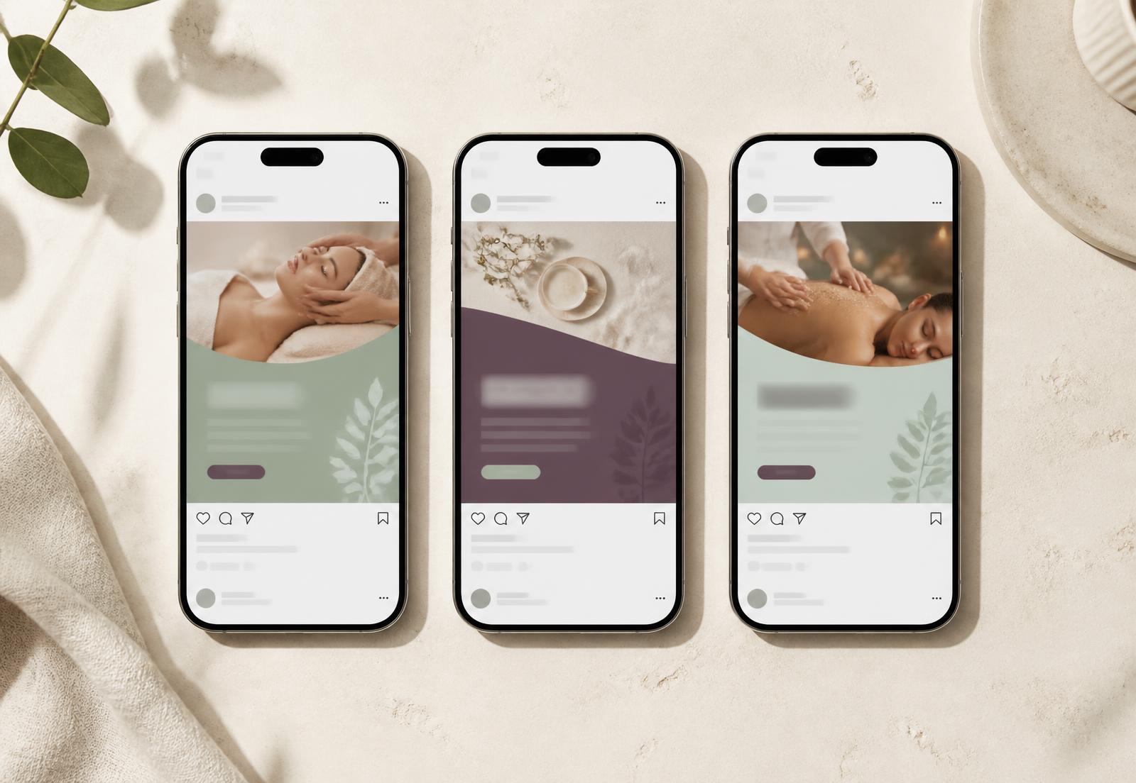 Three phones showing a set of spa social media ad creatives in sage and plum