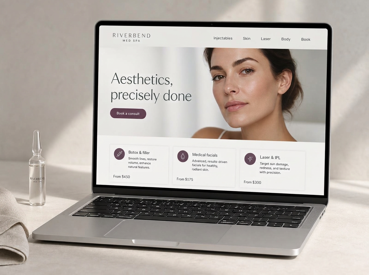 Laptop showing the Riverbend Med Spa website with an injectables, skin and laser treatment menu and a book a consult button