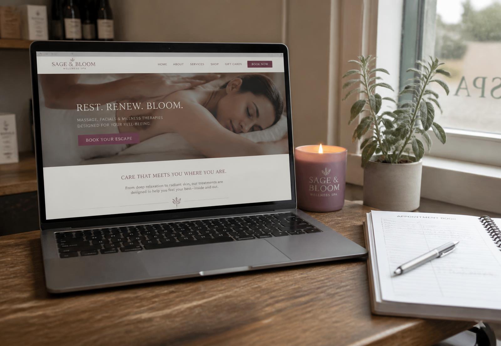 Laptop on a spa reception desk showing a spa website homepage beside an appointment book