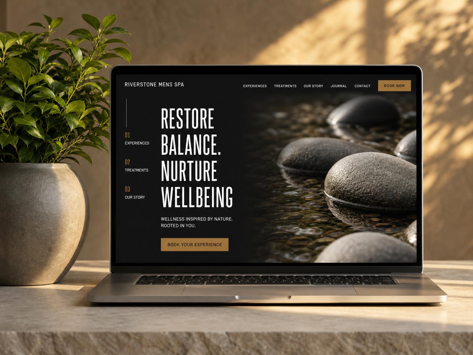 Laptop showing the Riverstone Mens Spa website with a wide grotesque sans wordmark and condensed sans headline